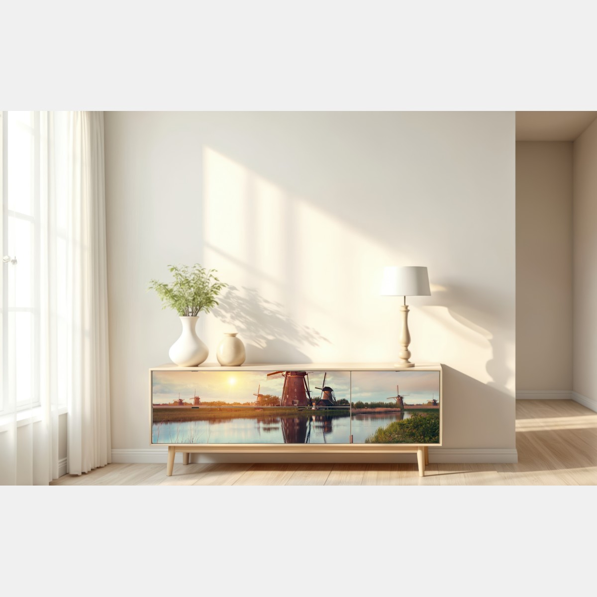 Naklejka repozycjonowalna zachód słońca nad wiatrakami w Holandii – Wallissimo® Naklejka repozycjonowalna zachód słońca nad wiatrakami w Holandii – Wallissimo®