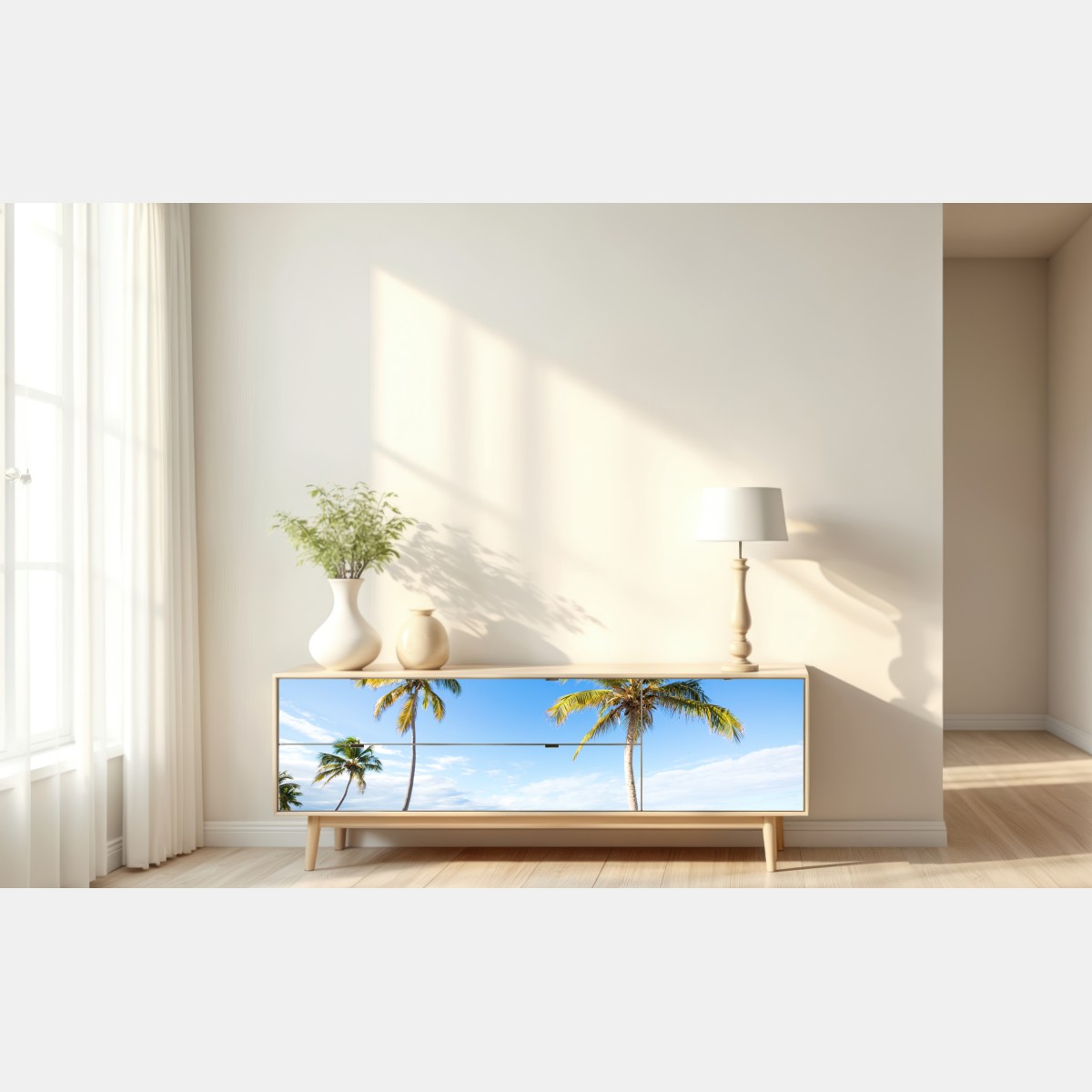 Naklejka repozycjonowalna tropikalna plaża z palmami – Wallissimo® Naklejka repozycjonowalna tropikalna plaża z palmami – Wallissimo®