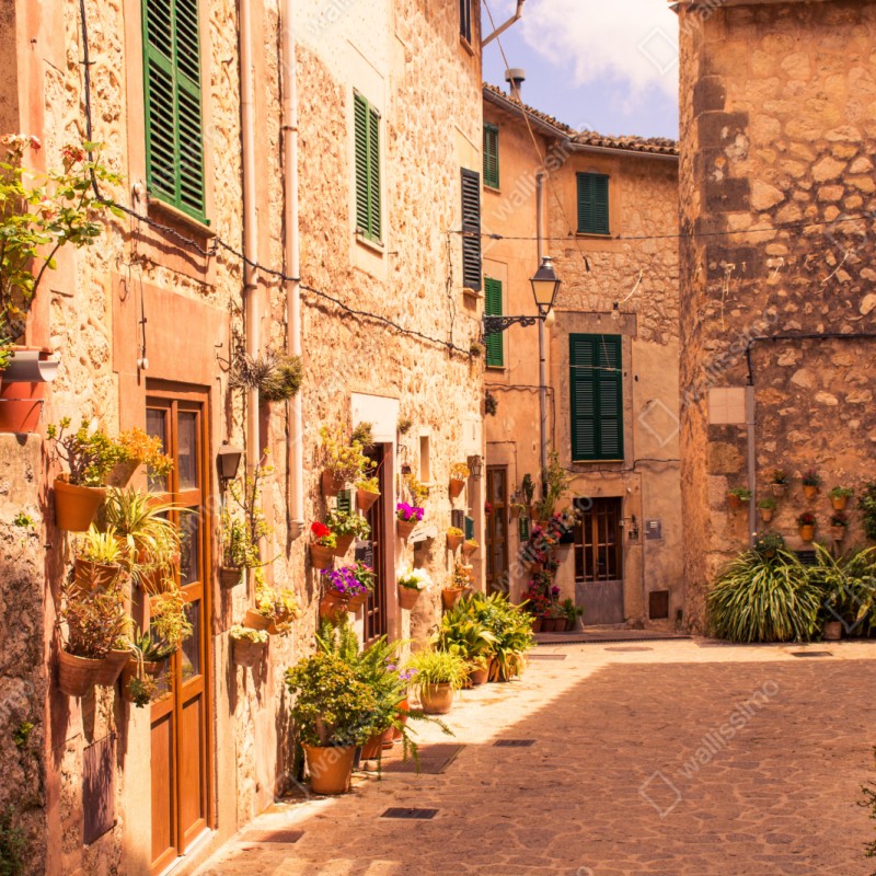 Naklejka repozycjonowalna słoneczna uliczka śródziemnomorska z doniczkami – Wallissimo® Naklejka repozycjonowalna słoneczna uliczka śródziemnomorska z doniczkami – Wallissimo®