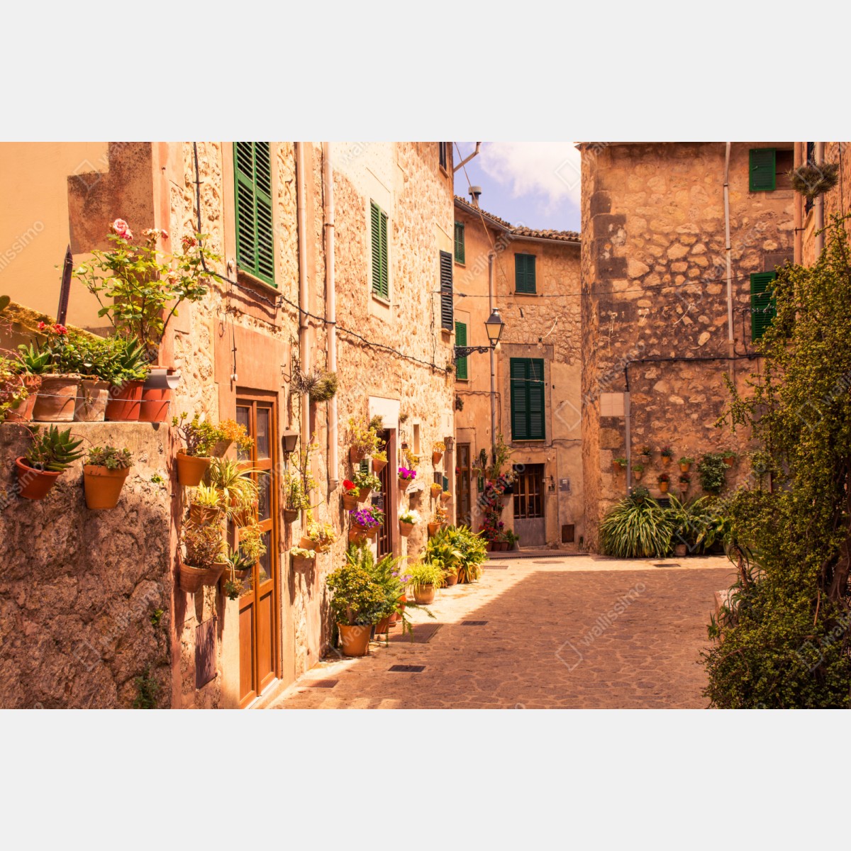 Naklejka repozycjonowalna słoneczna uliczka śródziemnomorska z doniczkami – Wallissimo® Naklejka repozycjonowalna słoneczna uliczka śródziemnomorska z doniczkami – Wallissimo®