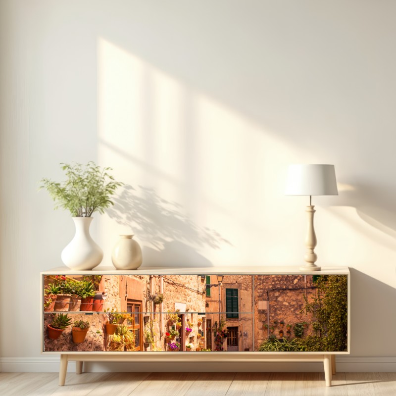 Naklejka repozycjonowalna słoneczna uliczka śródziemnomorska z doniczkami – Wallissimo® Naklejka repozycjonowalna słoneczna uliczka śródziemnomorska z doniczkami – Wallissimo®