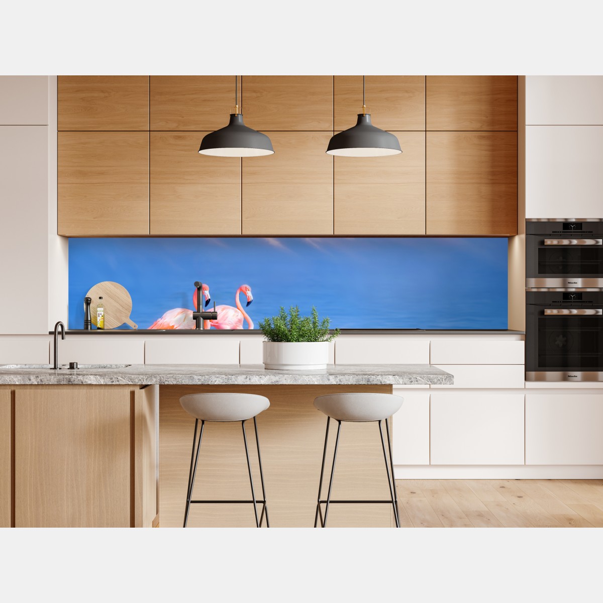 Naklejka repozycjonowalna różowe flamingi na pastelowych wodach – Wallissimo® Naklejka repozycjonowalna różowe flamingi na pastelowych wodach – Wallissimo®