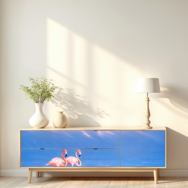 Naklejka repozycjonowalna różowe flamingi na pastelowych wodach – Wallissimo® Naklejka repozycjonowalna różowe flamingi na pastelowych wodach – Wallissimo®