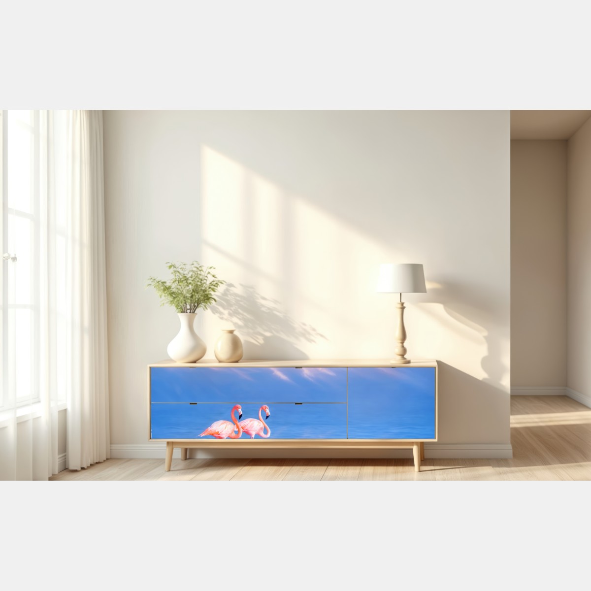 Naklejka repozycjonowalna różowe flamingi na pastelowych wodach – Wallissimo® Naklejka repozycjonowalna różowe flamingi na pastelowych wodach – Wallissimo®