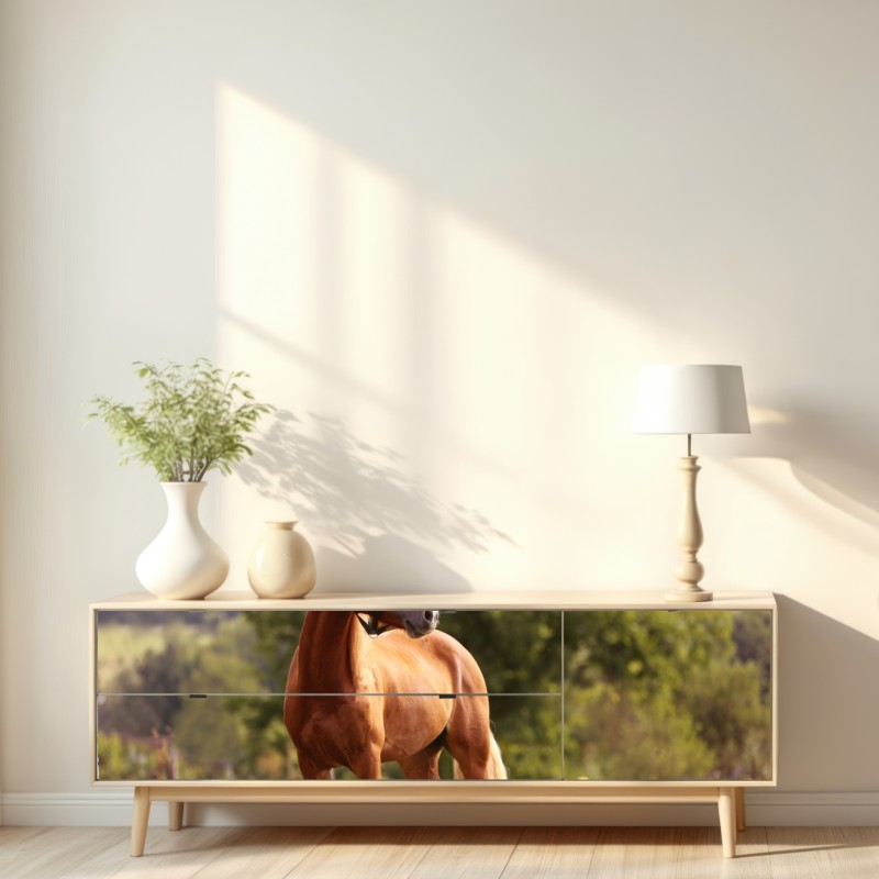 Naklejka repozycjonowalna majestatyczny kasztanowy koń na letniej łące – Wallissimo® Naklejka repozycjonowalna majestatyczny kasztanowy koń na letniej łące – Wallissimo®
