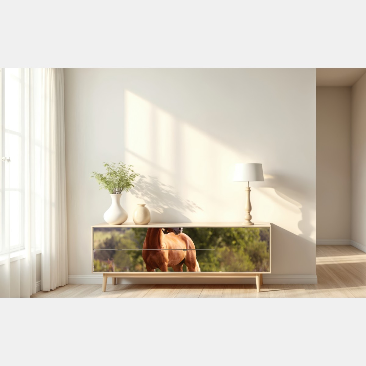 Naklejka repozycjonowalna majestatyczny kasztanowy koń na letniej łące – Wallissimo® Naklejka repozycjonowalna majestatyczny kasztanowy koń na letniej łące – Wallissimo®