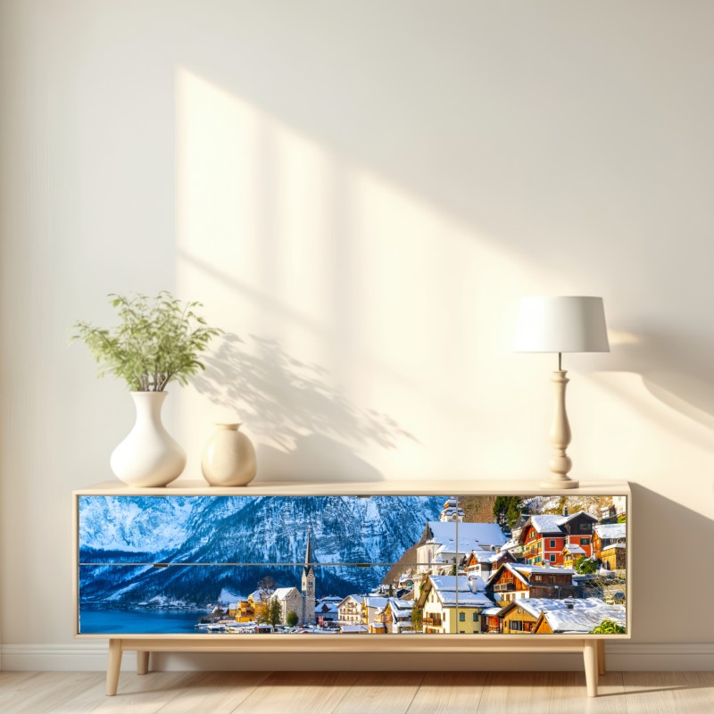 Naklejka repozycjonowalna zimowy spokój w Hallstatt — alpejska wioska nad jeziorem – Wallissimo® Naklejka repozycjonowalna zimowy spokój w Hallstatt — alpejska wioska nad jeziorem – Wallissimo®