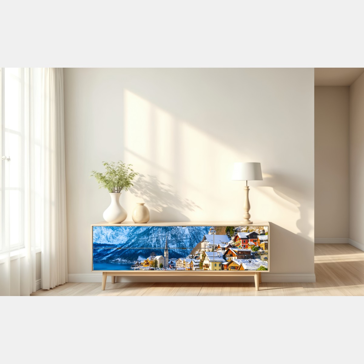 Naklejka repozycjonowalna zimowy spokój w Hallstatt — alpejska wioska nad jeziorem – Wallissimo® Naklejka repozycjonowalna zimowy spokój w Hallstatt — alpejska wioska nad jeziorem – Wallissimo®