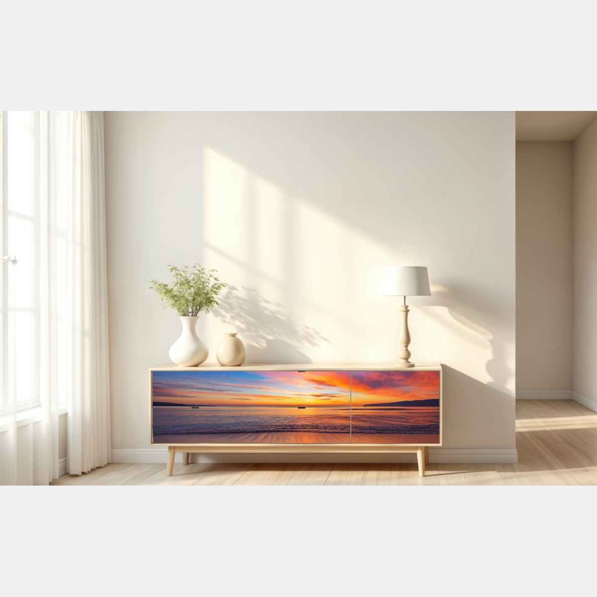 Naklejka repozycjonowalna żywy wschód słońca nad spokojną plażą – Wallissimo®