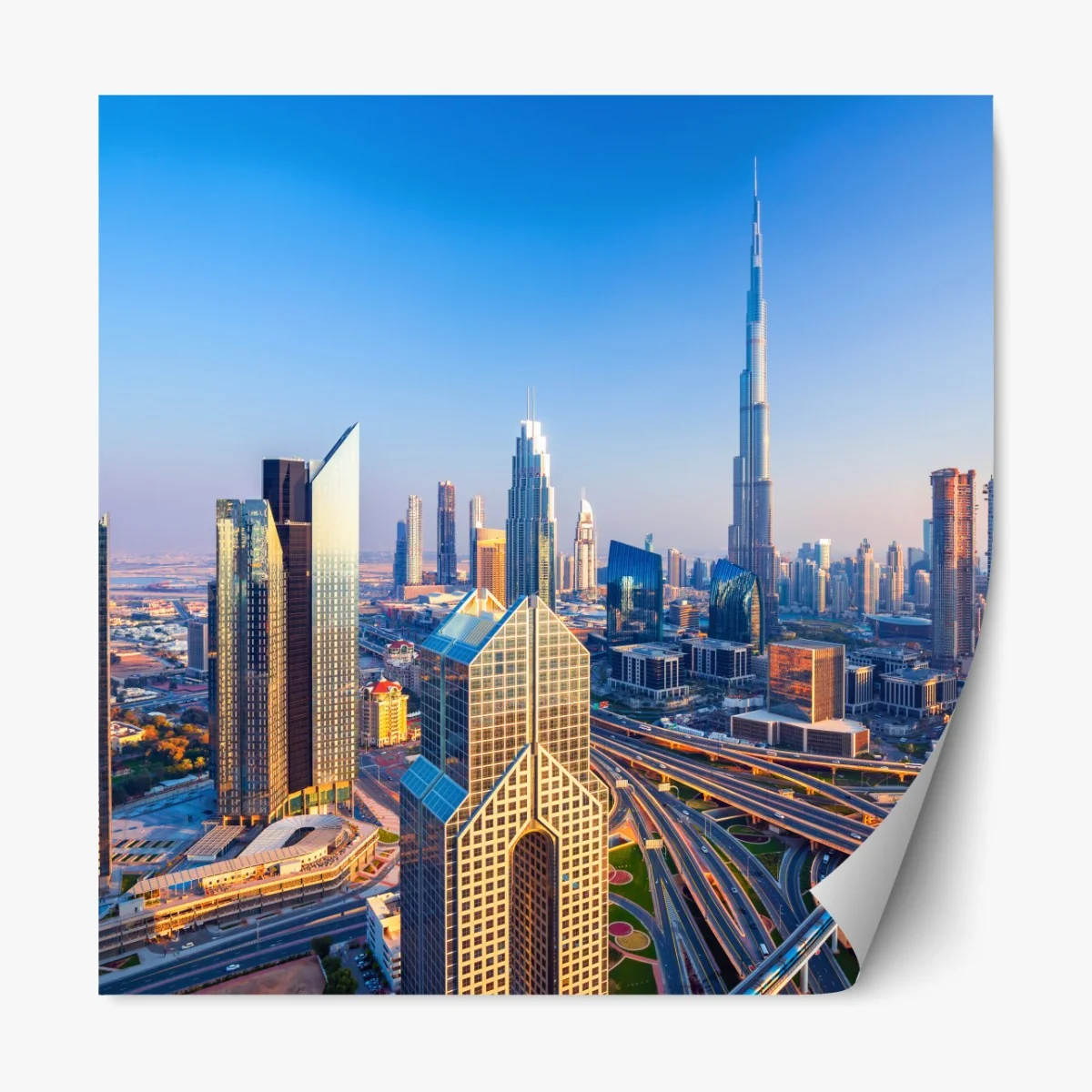 Naklejka repozycjonowalna panorama Dubaju z Burj Khalifa o zachodzie słońca – Wallissimo® Naklejka repozycjonowalna panorama Dubaju z Burj Khalifa o zachodzie słońca – Wallissimo®