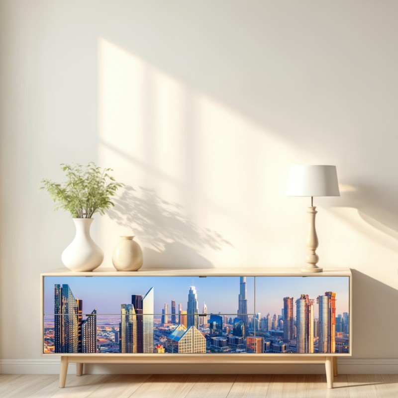 Naklejka repozycjonowalna panorama Dubaju z Burj Khalifa o zachodzie słońca – Wallissimo® Naklejka repozycjonowalna panorama Dubaju z Burj Khalifa o zachodzie słońca – Wallissimo®