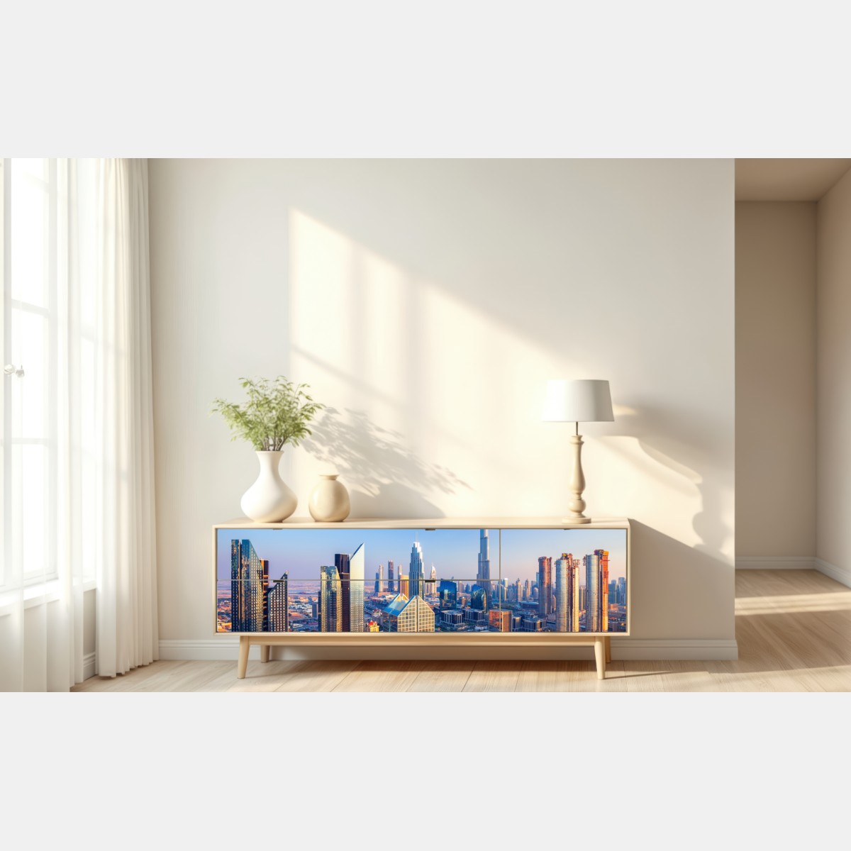 Naklejka repozycjonowalna panorama Dubaju z Burj Khalifa o zachodzie słońca – Wallissimo® Naklejka repozycjonowalna panorama Dubaju z Burj Khalifa o zachodzie słońca – Wallissimo®