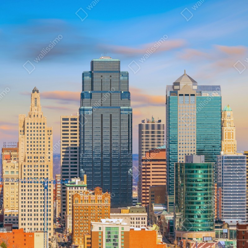 Naklejka repozycjonowalna panorama Kansas City o zachodzie słońca – Wallissimo® Naklejka repozycjonowalna panorama Kansas City o zachodzie słońca – Wallissimo®