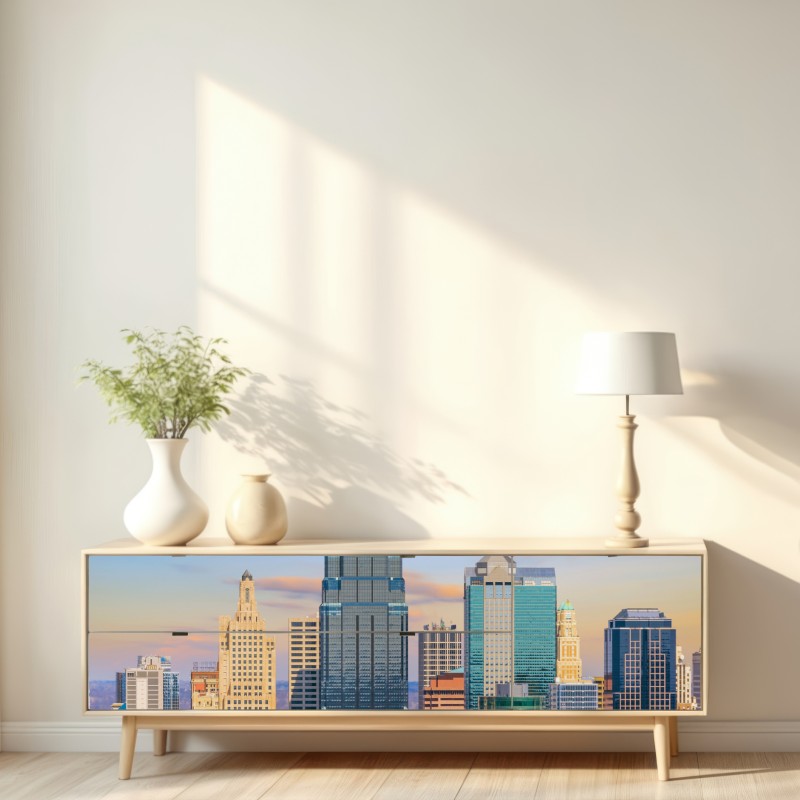 Naklejka repozycjonowalna panorama Kansas City o zachodzie słońca – Wallissimo® Naklejka repozycjonowalna panorama Kansas City o zachodzie słońca – Wallissimo®