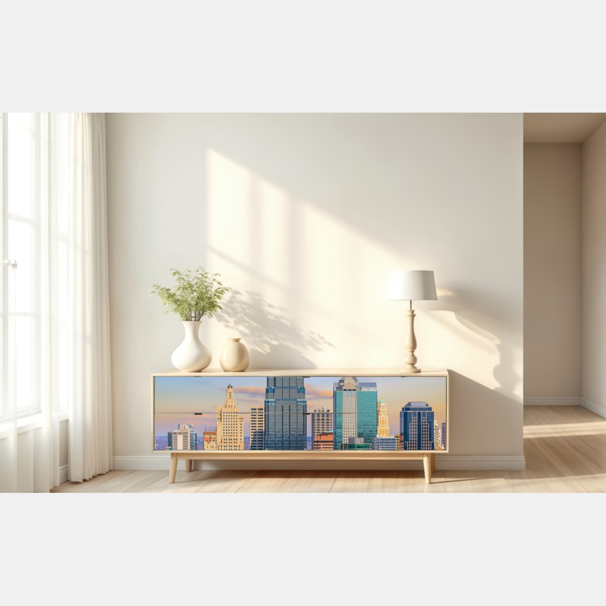 Naklejka repozycjonowalna panorama Kansas City o zachodzie słońca – Wallissimo® Naklejka repozycjonowalna panorama Kansas City o zachodzie słońca – Wallissimo®