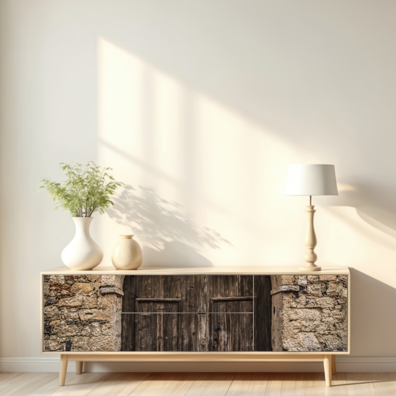 Naklejka repozycjonowalna rustykalne drewniane drzwi w kamiennym łuku – Wallissimo® Naklejka repozycjonowalna rustykalne drewniane drzwi w kamiennym łuku – Wallissimo®