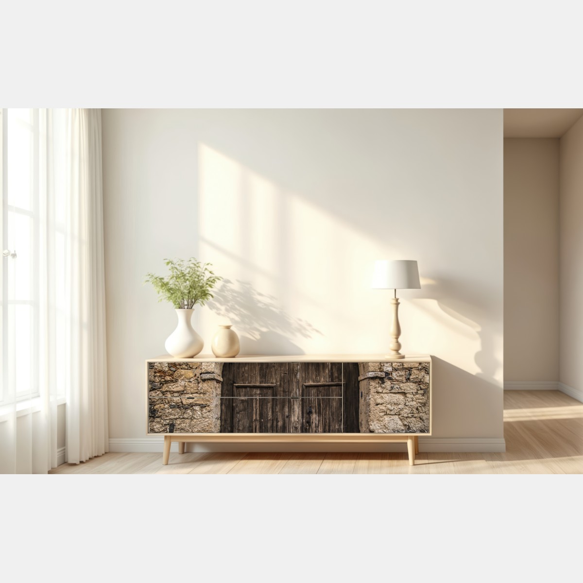 Naklejka repozycjonowalna rustykalne drewniane drzwi w kamiennym łuku – Wallissimo® Naklejka repozycjonowalna rustykalne drewniane drzwi w kamiennym łuku – Wallissimo®