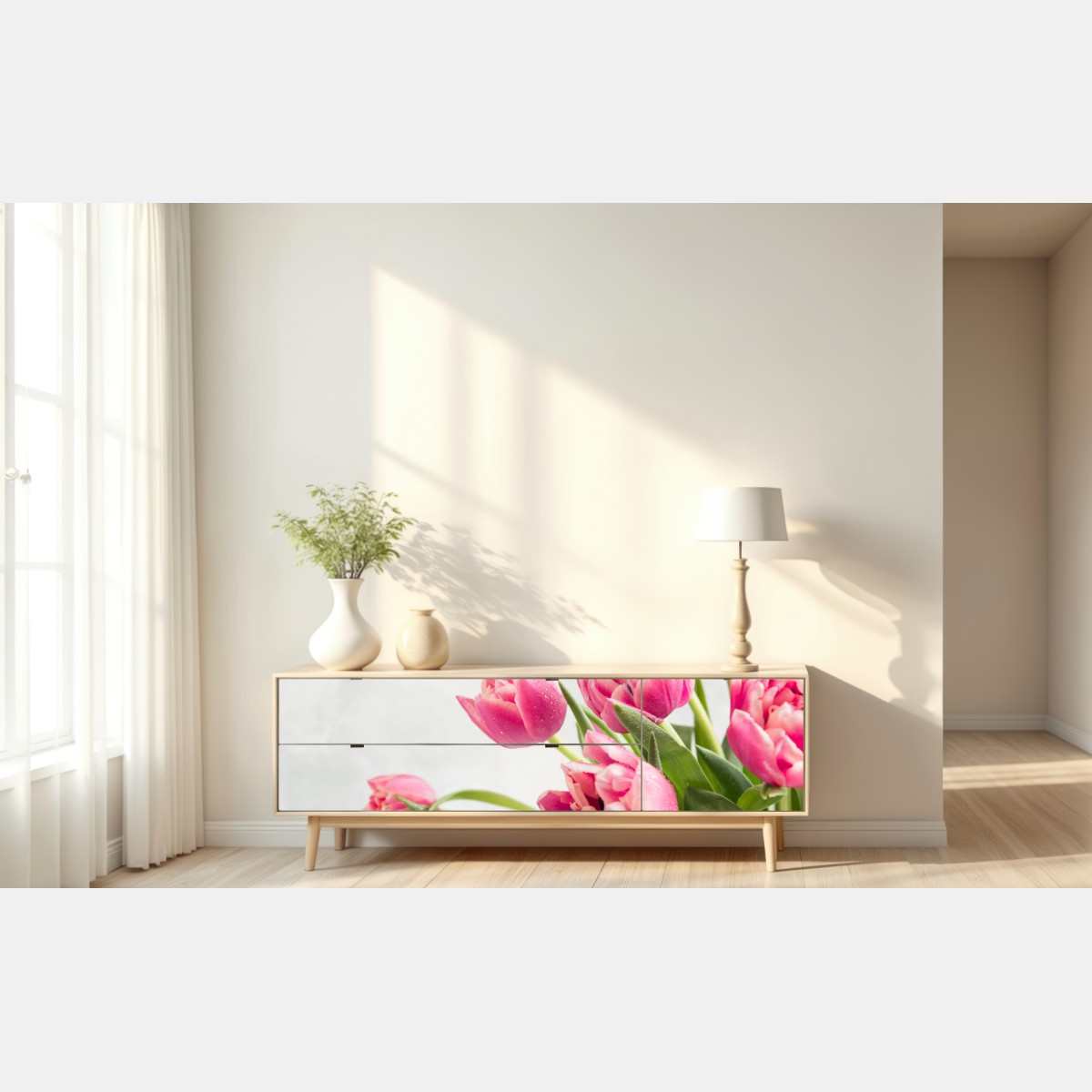 Naklejka repozycjonowalna elegancki bukiet różowych tulipanów – Wallissimo® Naklejka repozycjonowalna elegancki bukiet różowych tulipanów – Wallissimo®