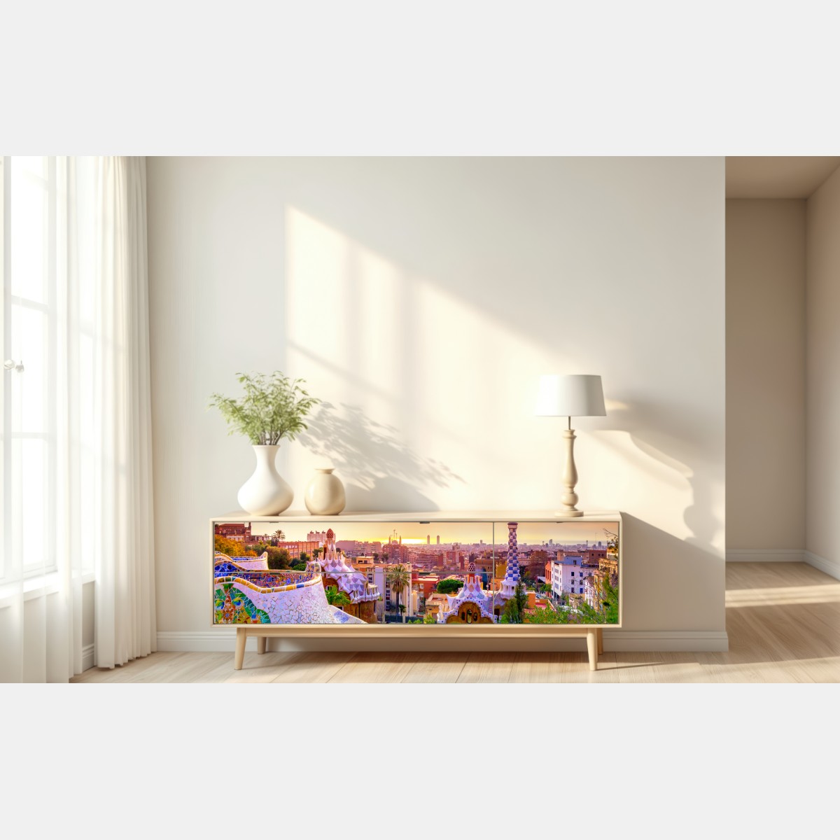 Naklejka repozycjonowalna zachód słońca nad Park Güell w Barcelonie – Wallissimo® Naklejka repozycjonowalna zachód słońca nad Park Güell w Barcelonie – Wallissimo®