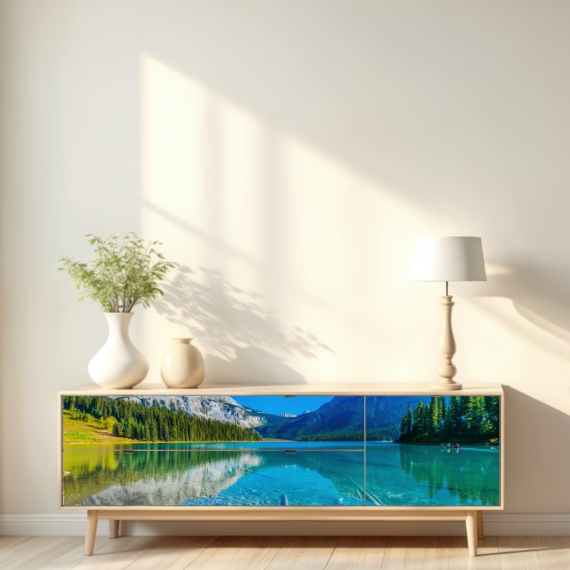 Naklejka repozycjonowalna turkusowe alpejskie jezioro z odbiciami gór – Wallissimo® Naklejka repozycjonowalna turkusowe alpejskie jezioro z odbiciami gór – Wallissimo®