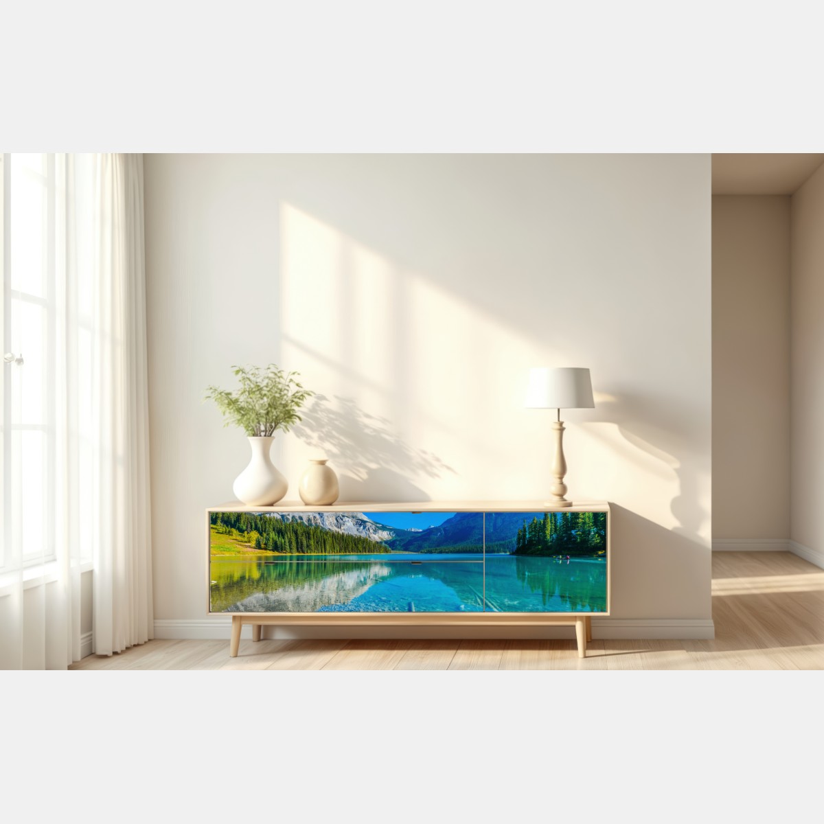 Naklejka repozycjonowalna turkusowe alpejskie jezioro z odbiciami gór – Wallissimo® Naklejka repozycjonowalna turkusowe alpejskie jezioro z odbiciami gór – Wallissimo®