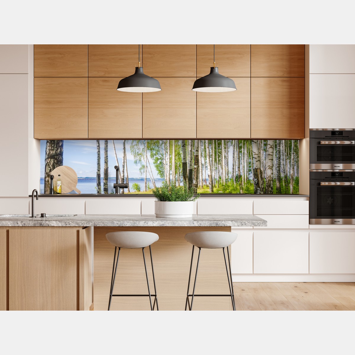 Naklejka repozycjonowalna słoneczny zagajnik brzozowy nad wodą – Wallissimo® Naklejka repozycjonowalna słoneczny zagajnik brzozowy nad wodą – Wallissimo®