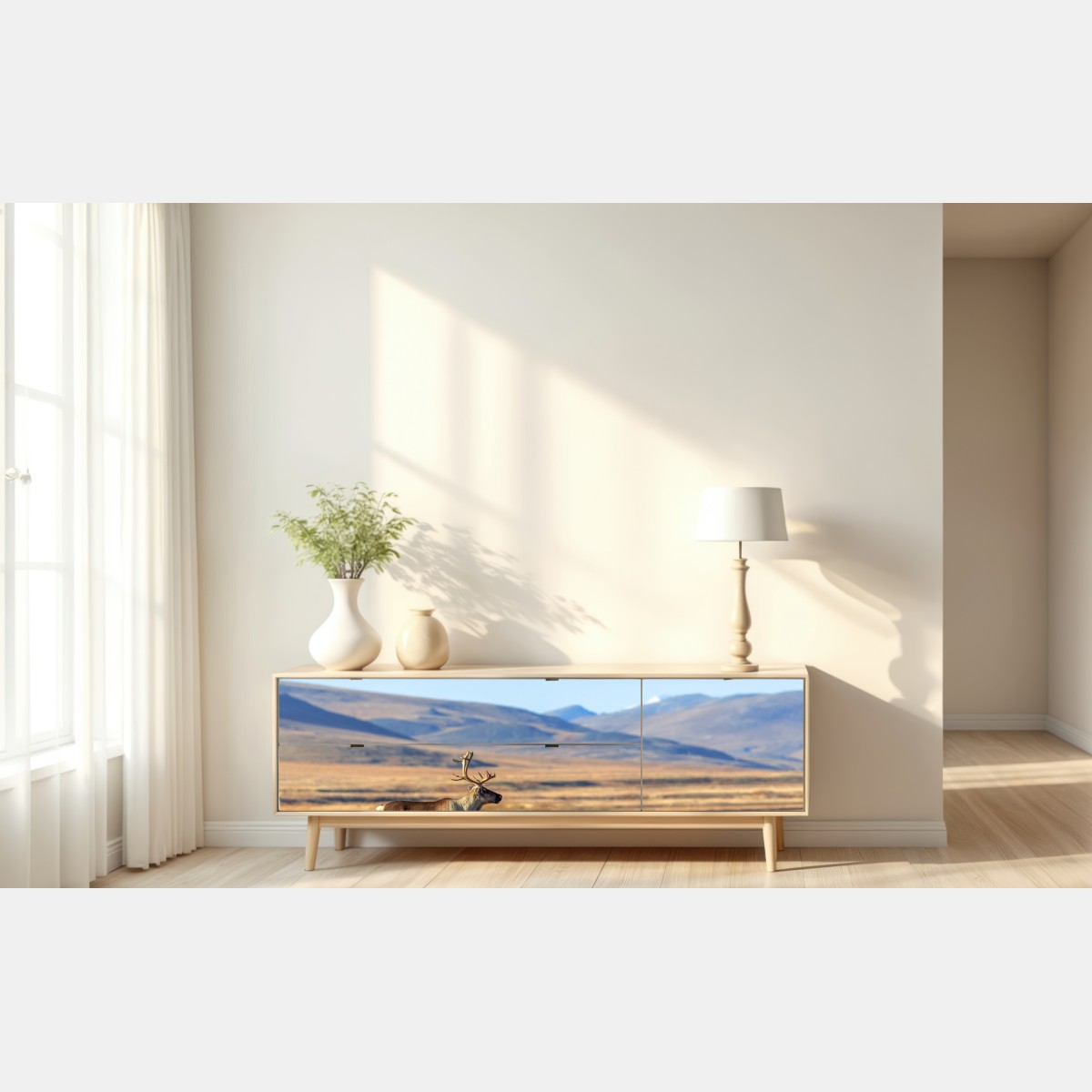 Naklejka repozycjonowalna samotny renifer w tundrze w Czukotce – Wallissimo® Naklejka repozycjonowalna samotny renifer w tundrze w Czukotce – Wallissimo®