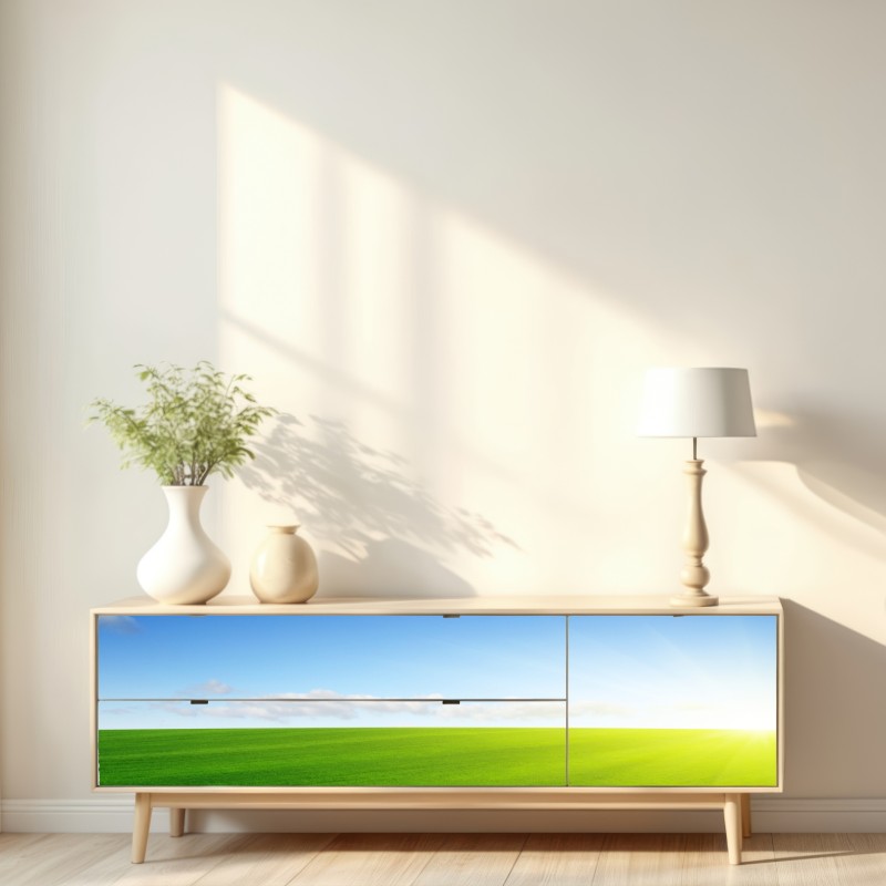 Naklejka repozycjonowalna słoneczna zielona łąka o wschodzie – Wallissimo® Naklejka repozycjonowalna słoneczna zielona łąka o wschodzie – Wallissimo®