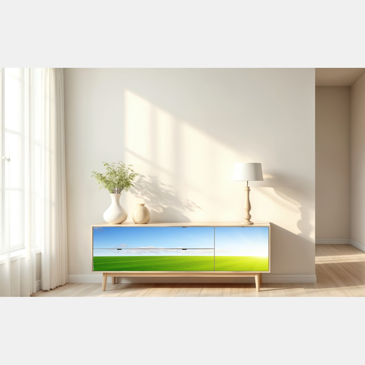 Naklejka repozycjonowalna słoneczna zielona łąka o wschodzie – Wallissimo® Naklejka repozycjonowalna słoneczna zielona łąka o wschodzie – Wallissimo®