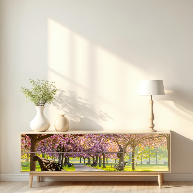 Naklejka repozycjonowalna aleja kwitnących wiśni wiosną – Wallissimo® Naklejka repozycjonowalna aleja kwitnących wiśni wiosną – Wallissimo®