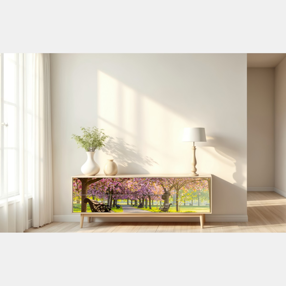 Naklejka repozycjonowalna aleja kwitnących wiśni wiosną – Wallissimo® Naklejka repozycjonowalna aleja kwitnących wiśni wiosną – Wallissimo®