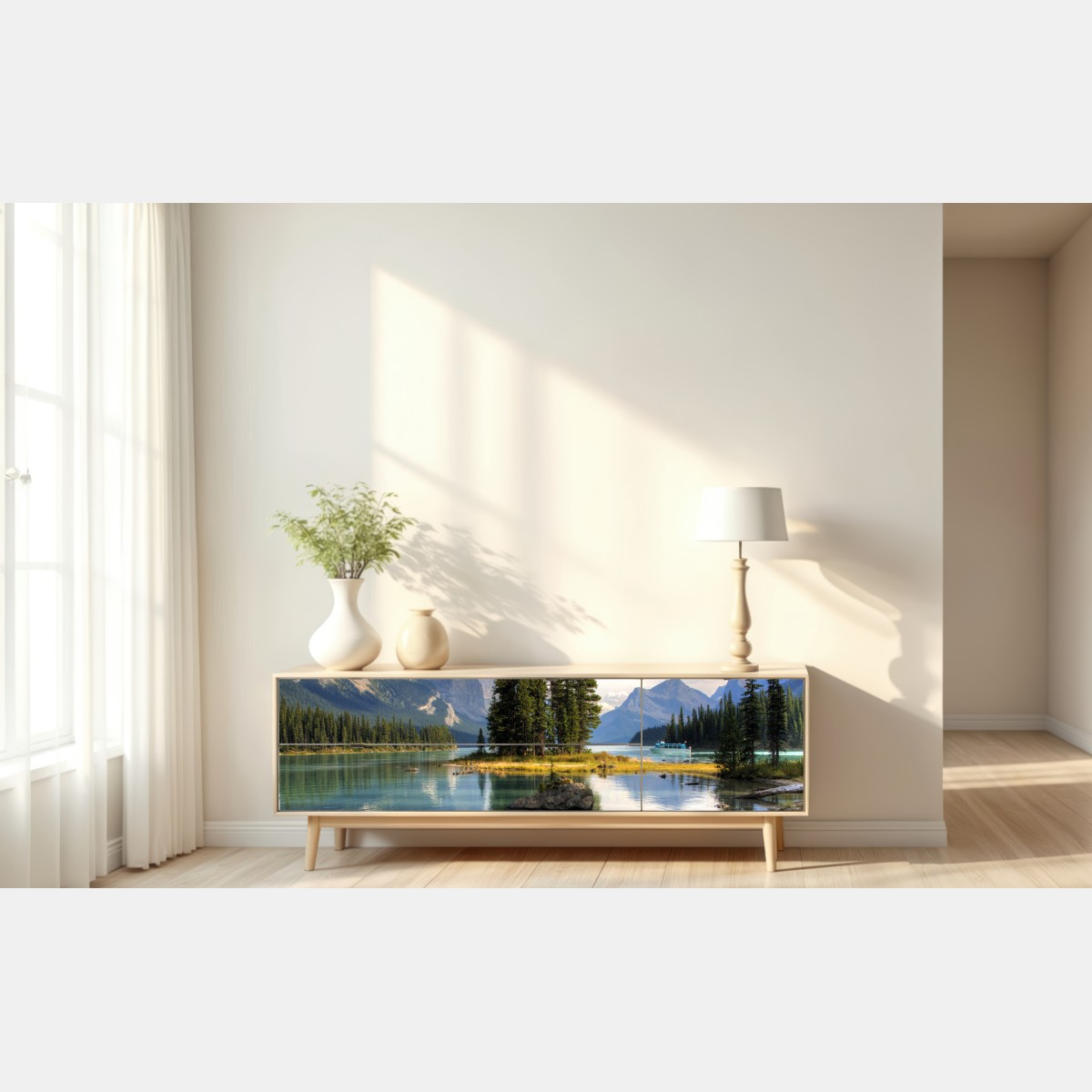 Naklejka repozycjonowalna spokojne jezioro alpejskie z wyspą i górami – Wallissimo® Naklejka repozycjonowalna spokojne jezioro alpejskie z wyspą i górami – Wallissimo®