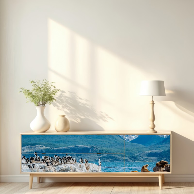 Naklejka repozycjonowalna lwy morskie i ptaki na skalistym wybrzeżu – Wallissimo® Naklejka repozycjonowalna lwy morskie i ptaki na skalistym wybrzeżu – Wallissimo®
