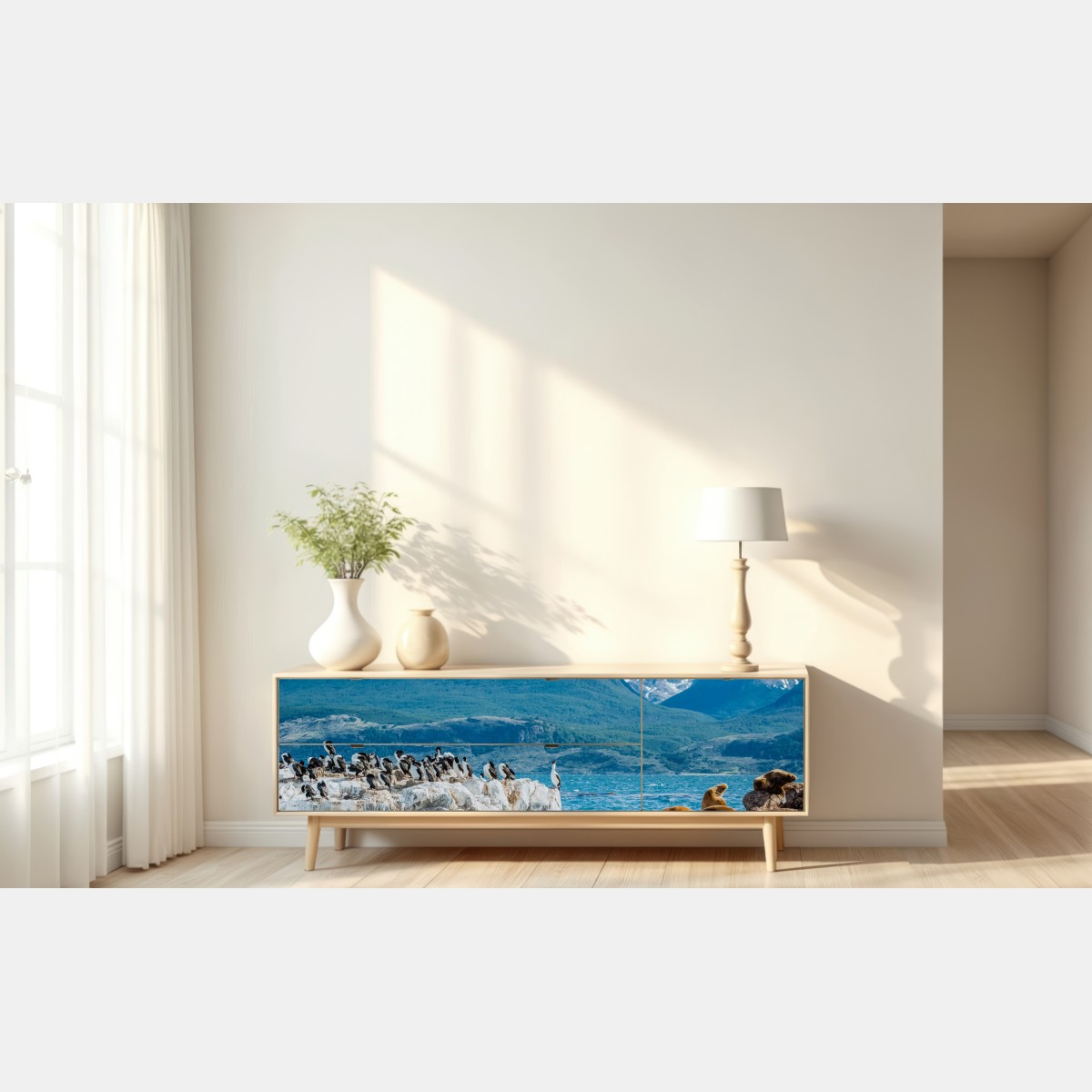 Naklejka repozycjonowalna lwy morskie i ptaki na skalistym wybrzeżu – Wallissimo® Naklejka repozycjonowalna lwy morskie i ptaki na skalistym wybrzeżu – Wallissimo®