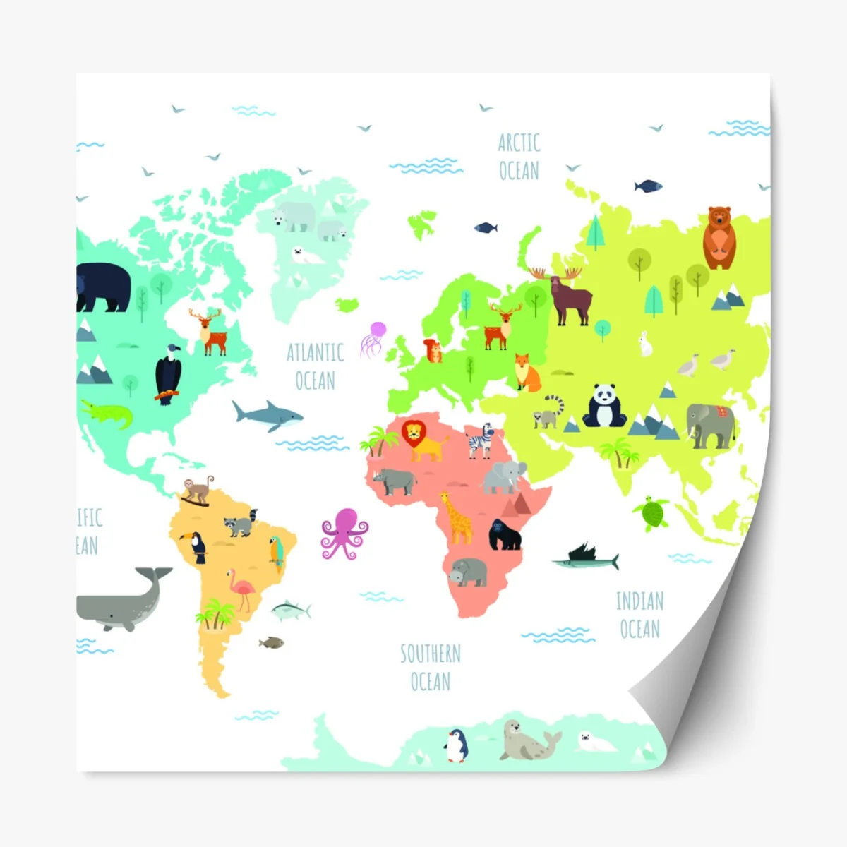 Naklejka repozycjonowalna ilustrowana mapa świata ze zwierzętami – Wallissimo® Naklejka repozycjonowalna ilustrowana mapa świata ze zwierzętami – Wallissimo®