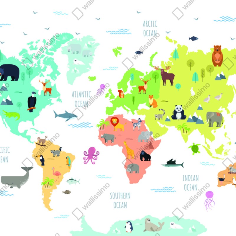 Naklejka repozycjonowalna ilustrowana mapa świata ze zwierzętami – Wallissimo® Naklejka repozycjonowalna ilustrowana mapa świata ze zwierzętami – Wallissimo®