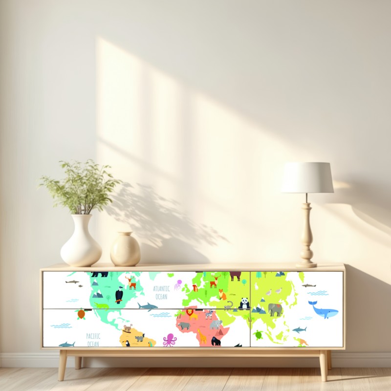 Naklejka repozycjonowalna ilustrowana mapa świata ze zwierzętami – Wallissimo® Naklejka repozycjonowalna ilustrowana mapa świata ze zwierzętami – Wallissimo®