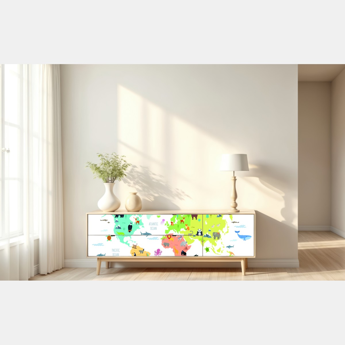 Naklejka repozycjonowalna ilustrowana mapa świata ze zwierzętami – Wallissimo® Naklejka repozycjonowalna ilustrowana mapa świata ze zwierzętami – Wallissimo®