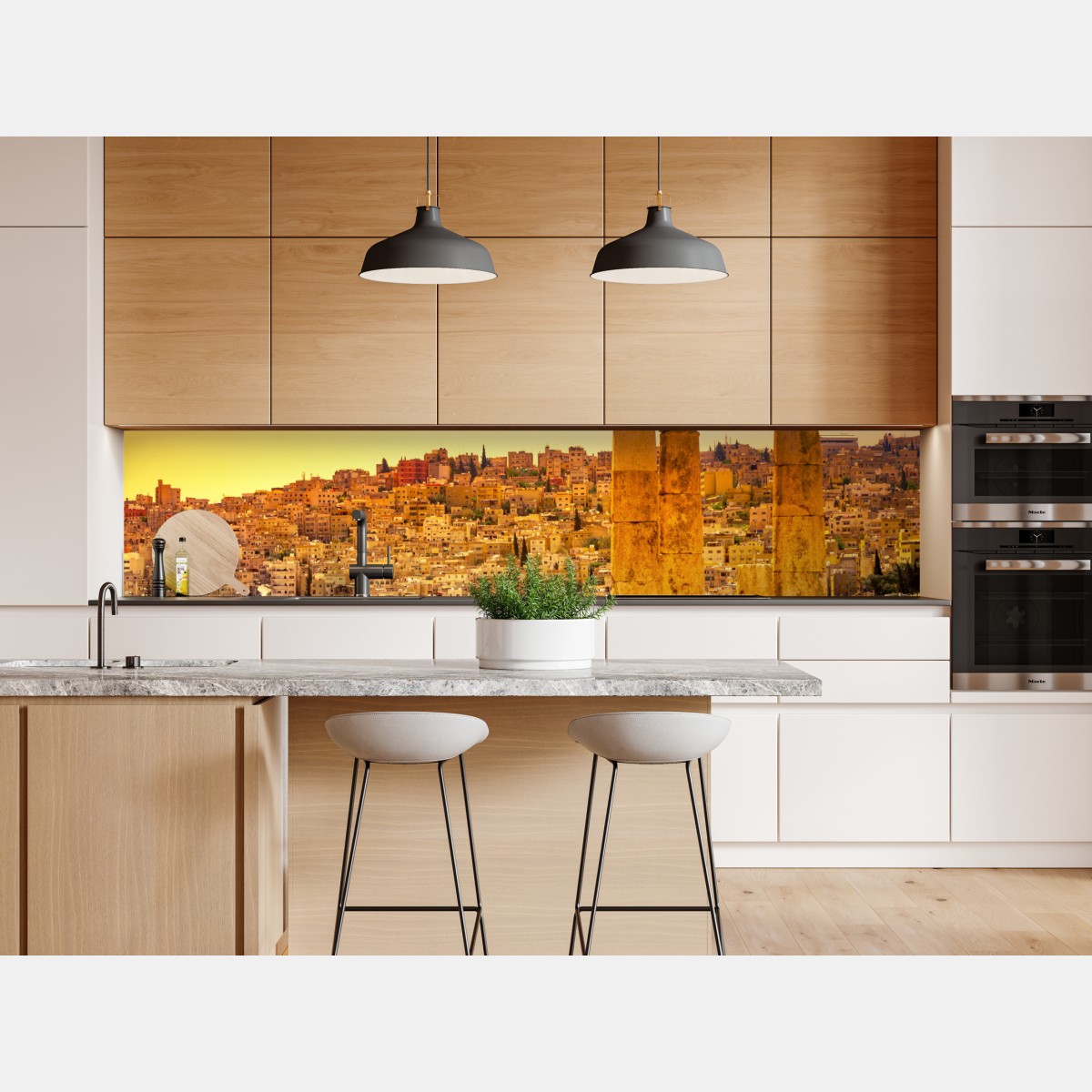 Naklejka repozycjonowalna złota panorama Ammanu z antycznymi kolumnami – Wallissimo® Naklejka repozycjonowalna złota panorama Ammanu z antycznymi kolumnami – Wallissimo®