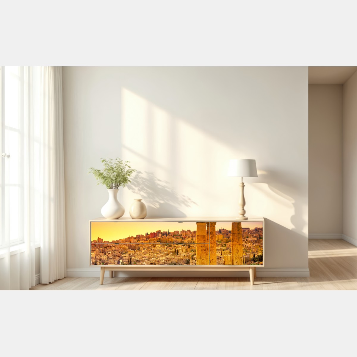 Naklejka repozycjonowalna złota panorama Ammanu z antycznymi kolumnami – Wallissimo® Naklejka repozycjonowalna złota panorama Ammanu z antycznymi kolumnami – Wallissimo®