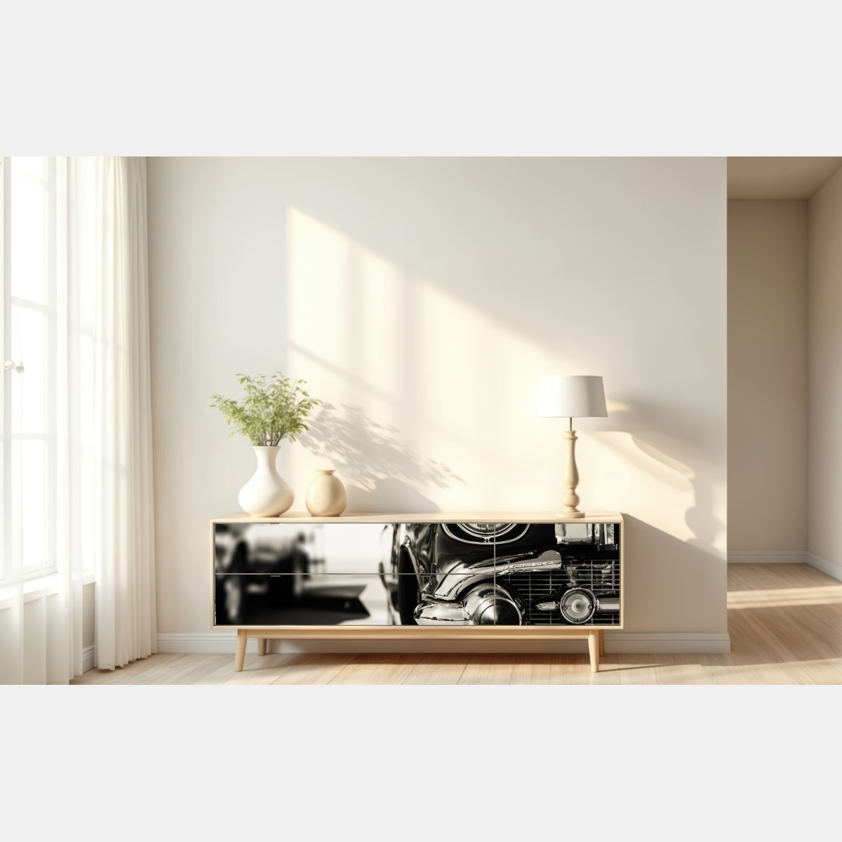 Naklejka repozycjonowalna zabytkowy chromowany samochód zbliżenie – Wallissimo® Naklejka repozycjonowalna zabytkowy chromowany samochód zbliżenie – Wallissimo®