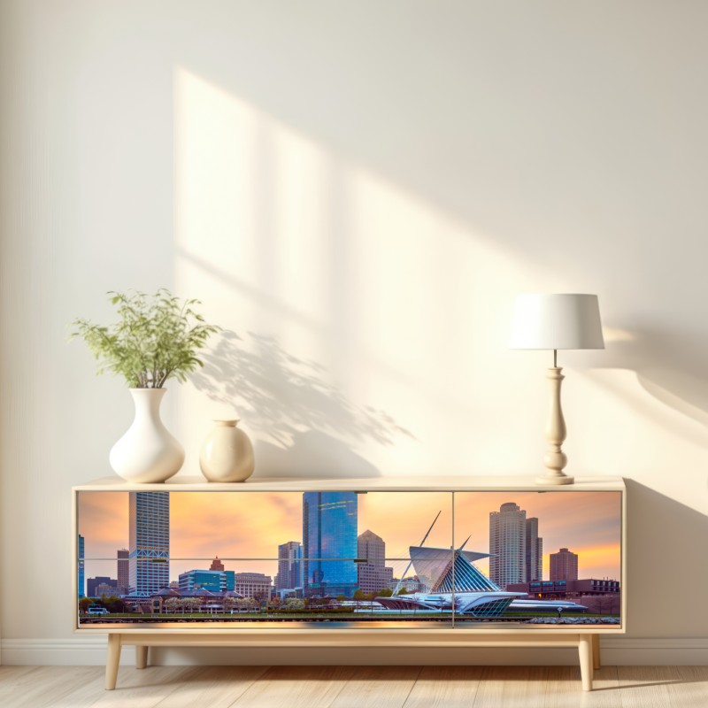 Naklejka repozycjonowalna Milwaukee panorama miasta o zmierzchu – Wallissimo® Naklejka repozycjonowalna Milwaukee panorama miasta o zmierzchu – Wallissimo®