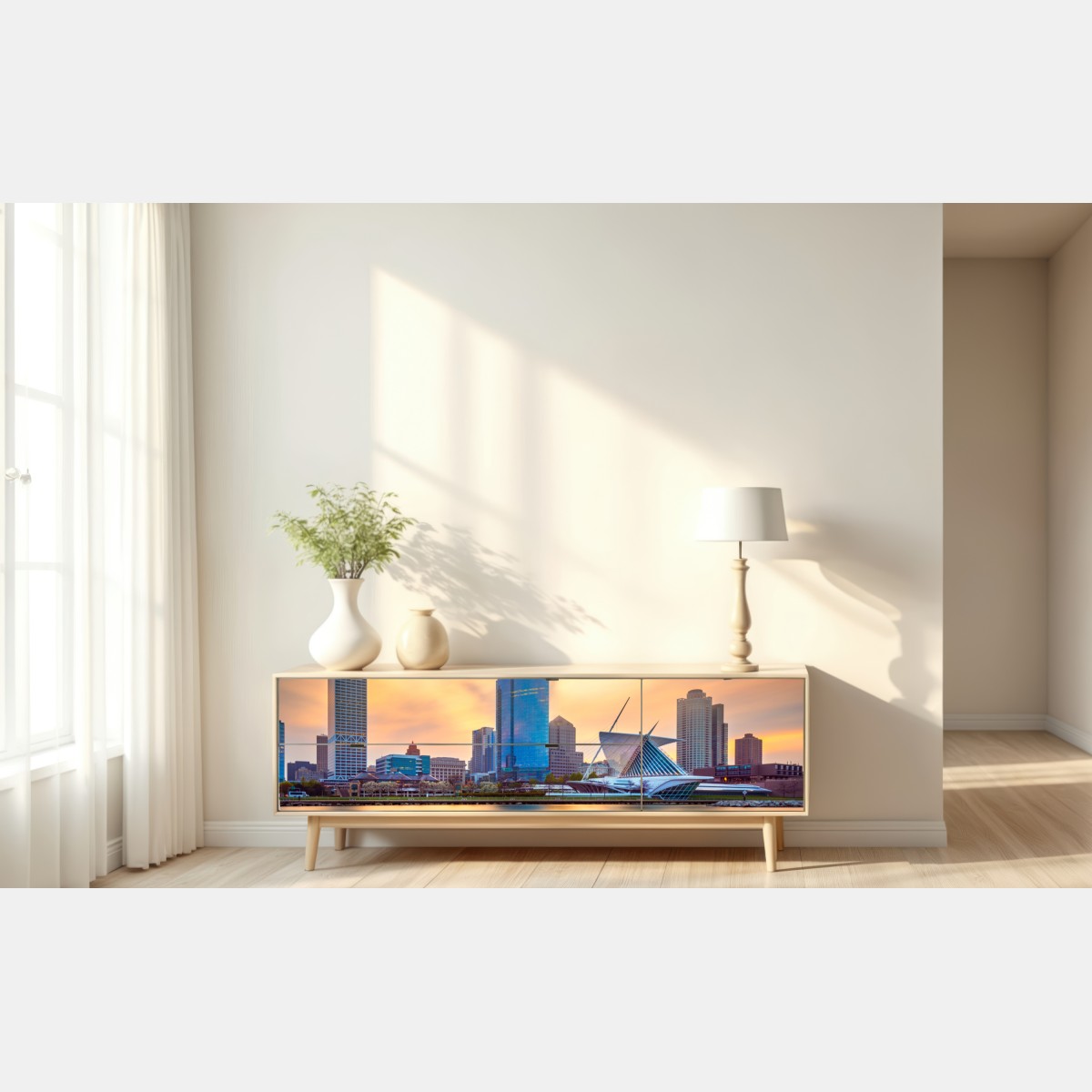 Naklejka repozycjonowalna Milwaukee panorama miasta o zmierzchu – Wallissimo® Naklejka repozycjonowalna Milwaukee panorama miasta o zmierzchu – Wallissimo®