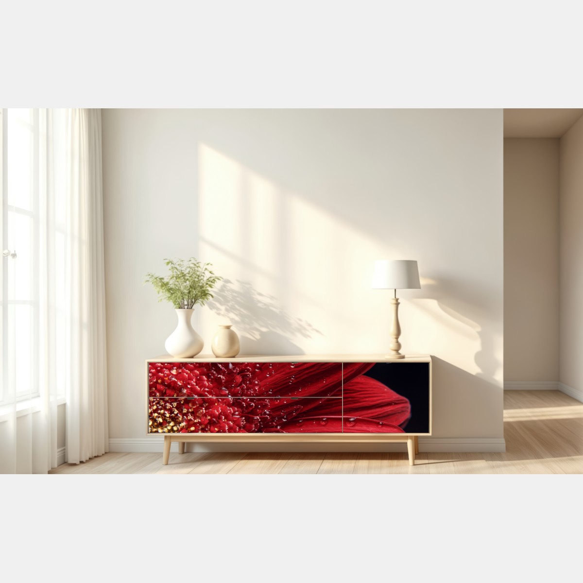 Naklejka repozycjonowalna czerwona gerbera makro z kroplami rosy – Wallissimo® Naklejka repozycjonowalna czerwona gerbera makro z kroplami rosy – Wallissimo®