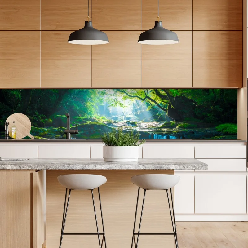 Naklejka repozycjonowalna słoneczny leśny strumień z mchem – Wallissimo® Naklejka repozycjonowalna słoneczny leśny strumień z mchem – Wallissimo®