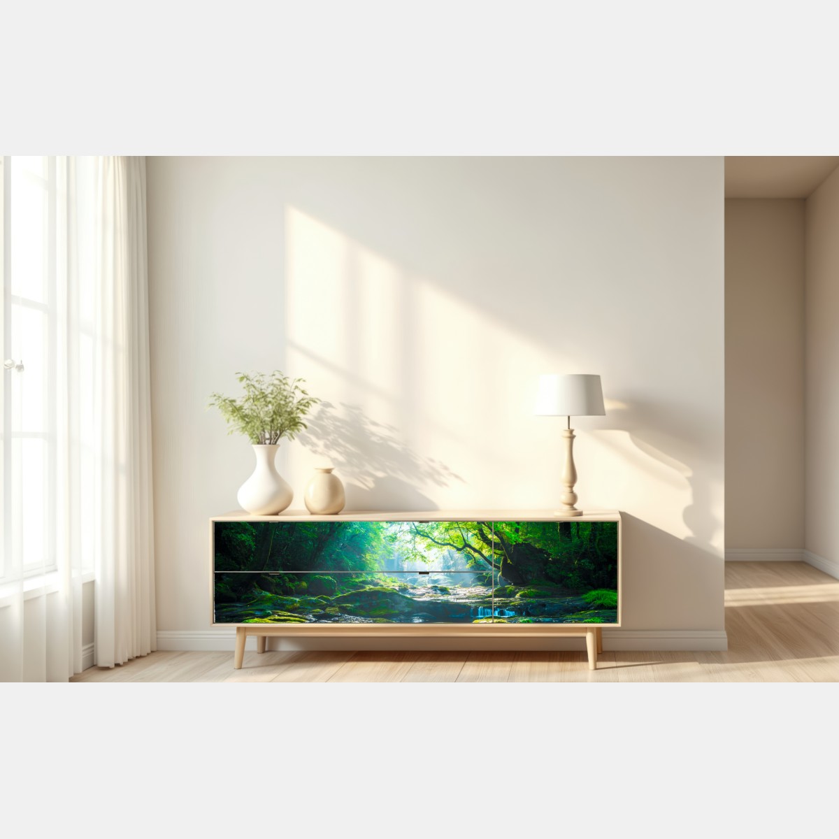 Naklejka repozycjonowalna słoneczny leśny strumień z mchem – Wallissimo® Naklejka repozycjonowalna słoneczny leśny strumień z mchem – Wallissimo®