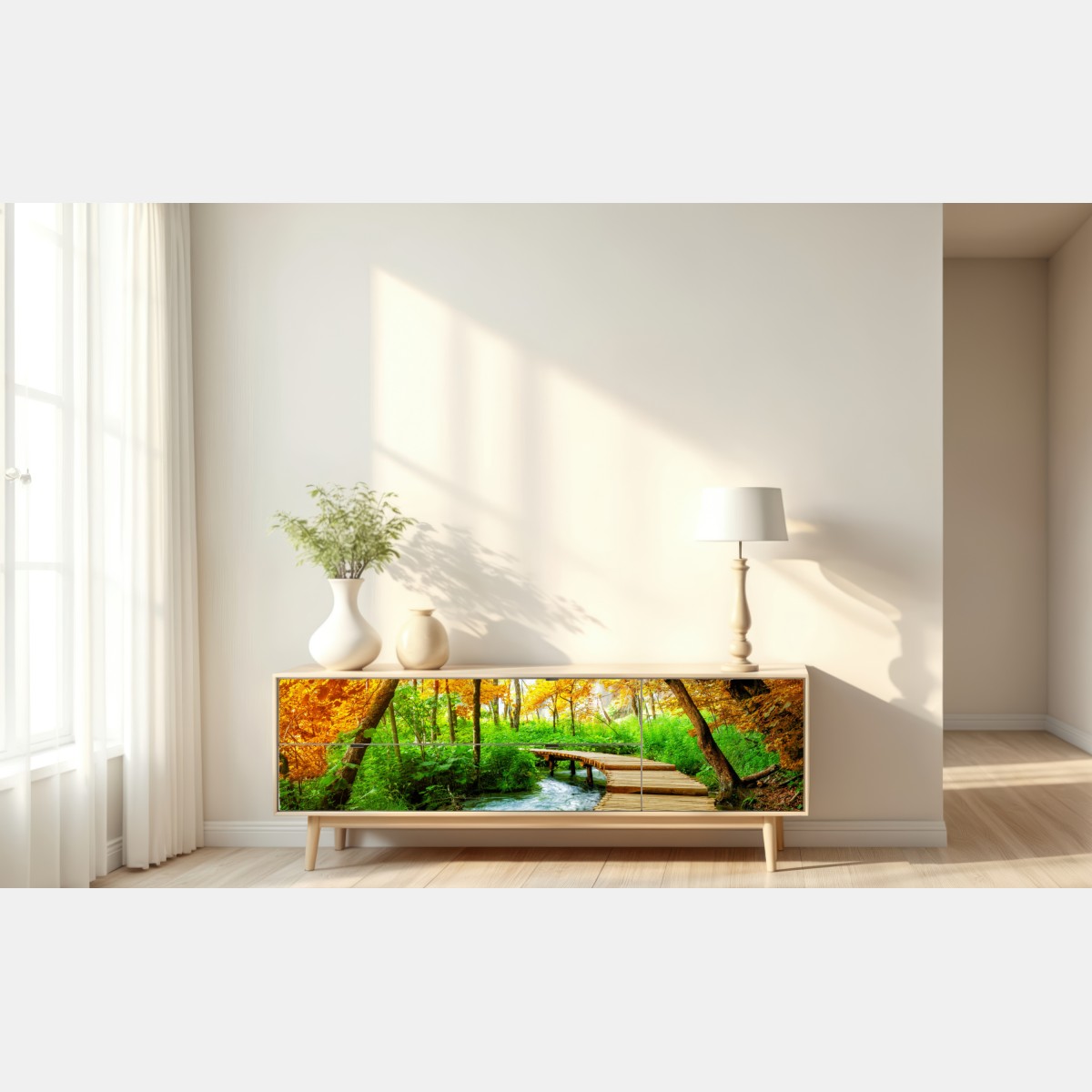 Naklejka repozycjonowalna złoty pomost w lesie nad Plitwickimi Jeziorami – Wallissimo® Naklejka repozycjonowalna złoty pomost w lesie nad Plitwickimi Jeziorami – Wallissimo®