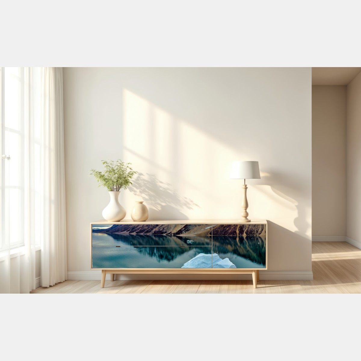 Naklejka repozycjonowalna góra lodowa i odbicia gór w turkusowej wodzie – Wallissimo® Naklejka repozycjonowalna góra lodowa i odbicia gór w turkusowej wodzie – Wallissimo®