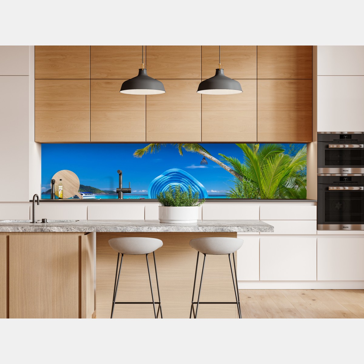 Naklejka repozycjonowalna tropikalna plaża z niebieskim kapeluszem – Wallissimo® Naklejka repozycjonowalna tropikalna plaża z niebieskim kapeluszem – Wallissimo®