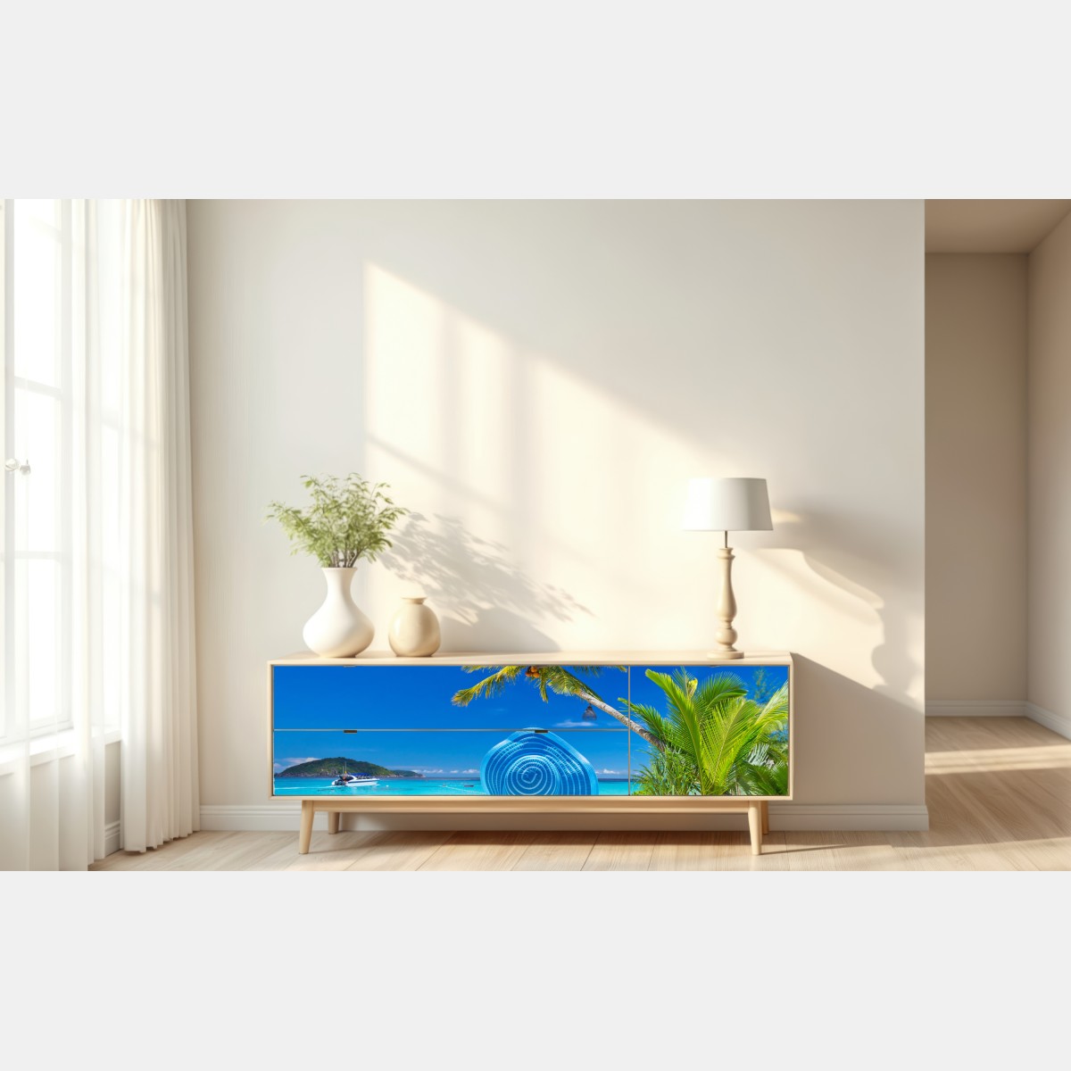 Naklejka repozycjonowalna tropikalna plaża z niebieskim kapeluszem – Wallissimo® Naklejka repozycjonowalna tropikalna plaża z niebieskim kapeluszem – Wallissimo®